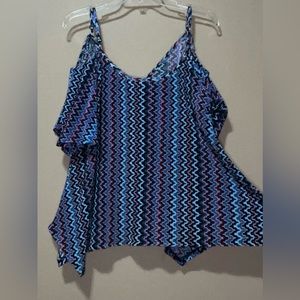 blouse with asymmetrical style and flutter off the shoulder sleeves